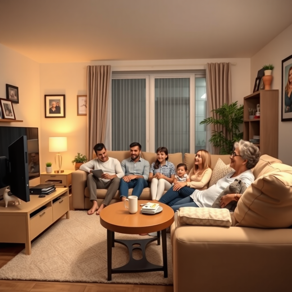A photorealistic image of a family relaxing in their living room, watching TV. The scene is warm and inviting. The lighting is soft and natural. The color palette is cheerful and comfortable. The camera angle is wide, capturing the entire living room. Style: Cozy, familial, and secure. Props include comfortable furniture, family photos, and modern electronics. The environment is a clean and well-maintained home. Focus on conveying a sense of peace and happiness.