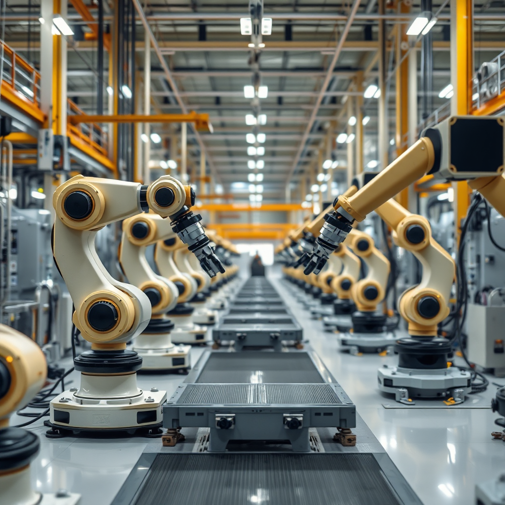 A photorealistic image of a factory floor with robotic arms precisely managing energy consumption. The image is clean, and automated.