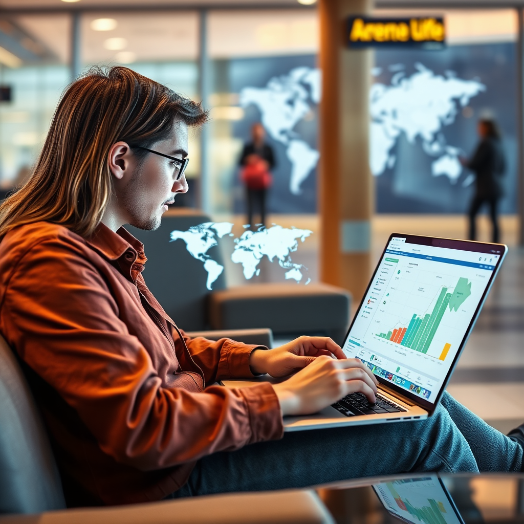 A photorealistic image of a person accessing energy consumption data on a laptop while traveling, with a world map visible in the background. The scene is set in a comfortable airport lounge, with a warm and inviting atmosphere.