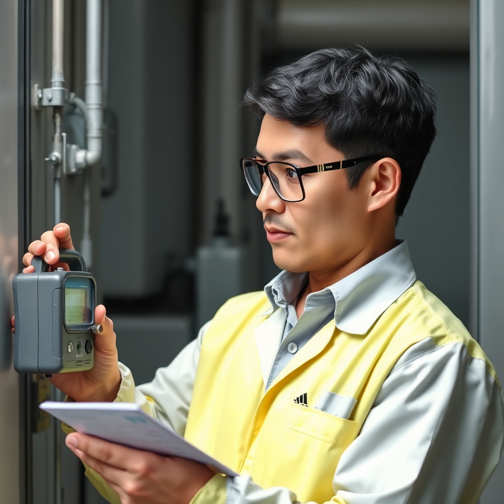 A photorealistic image of a quality control inspector examining an energy meter, with a magnifying glass and a checklist. The scene is professional and focused on precision and accuracy.