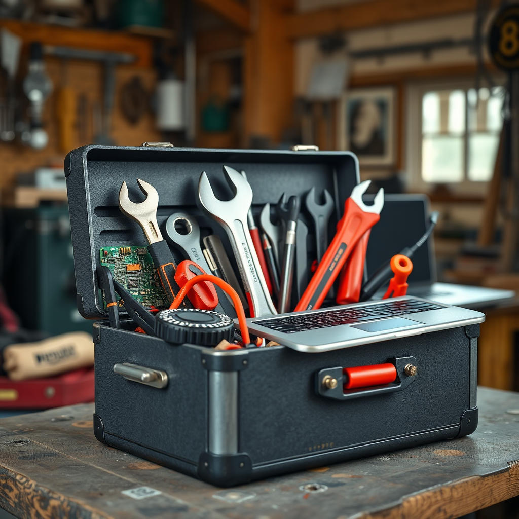 A photorealistic image of a toolbox containing various tools representing different aspects of IT and engineering (e.g., a circuit board, a wrench, a laptop). The background is a workshop environment. Natural, warm lighting. The image should convey a sense of completeness and readiness. Ultra-high resolution, 8K quality.