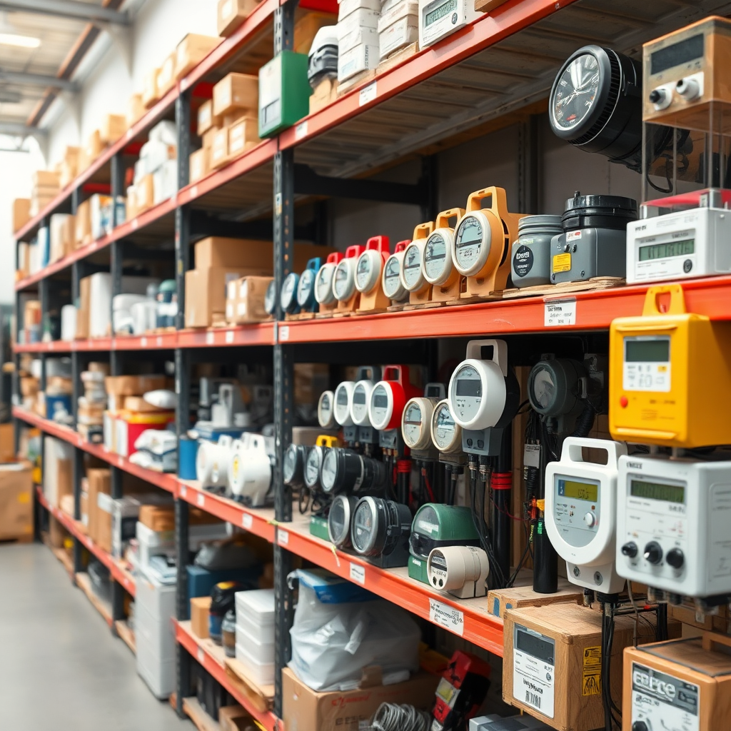 A photorealistic image of a well-stocked warehouse shelf filled with various types of energy meters and related equipment. The scene is clean and organized, with a focus on variety and availability.