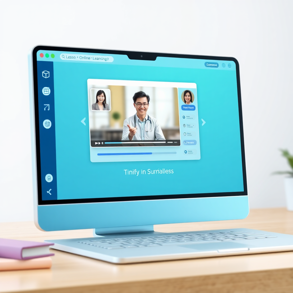 A photorealistic image of an online learning platform interface, with a video lesson on screen. A friendly instructor is visible in a small window. Interactive elements and progress trackers are visible on the interface. The color palette is professional and inviting, using blues and greens. The style is clean and modern, inspired by e-learning platforms.