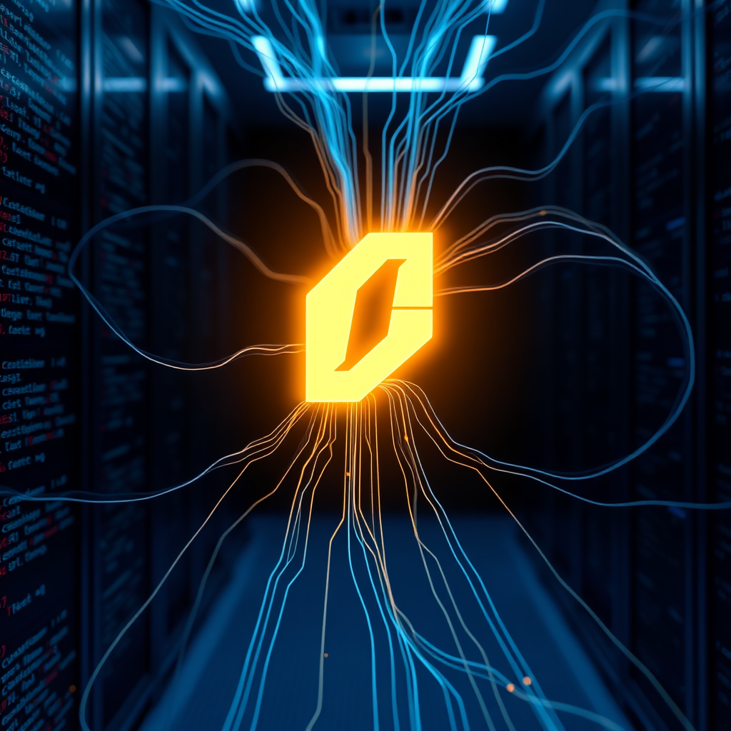 A photorealistic image of lines of code flowing and converging to form a glowing logo. The background is a dark, blurred representation of a server room. Cool, neon lighting. The image should convey a sense of dynamic software creation and technological prowess. Ultra-high resolution, 8K quality.