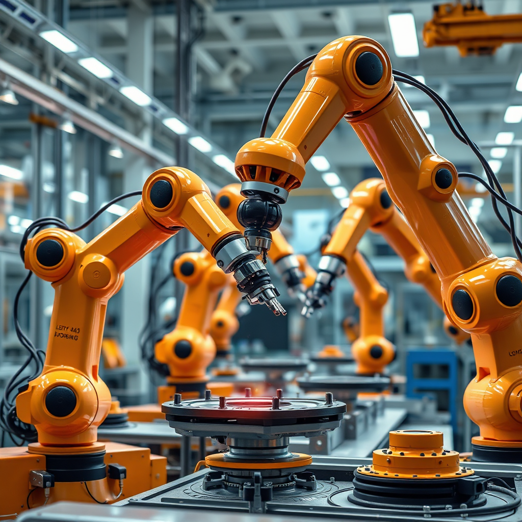 A photorealistic image of robotic arms working in a highly efficient and modern industrial factory. The scene is brightly lit, clean, and conveys precision. The robotic arms are performing intricate tasks with seamless coordination. Ultra-high resolution, 8K quality.