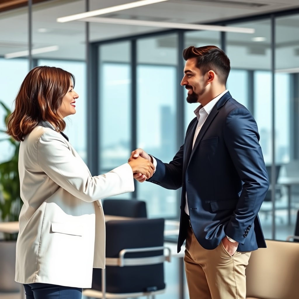  A photorealistic image of two people shaking hands in a modern office setting, symbolizing a partnership agreement. The scene is bright and professional, with a focus on trust and collaboration.