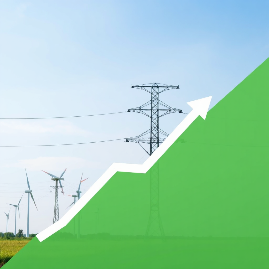  A photorealistic image showing a graph trending downwards, overlaid on a background of power lines and wind turbines, symbolizing reduced energy consumption and cost savings. The color palette is predominantly green, with accents of blue and white. The image is clean, modern, and easily understandable.