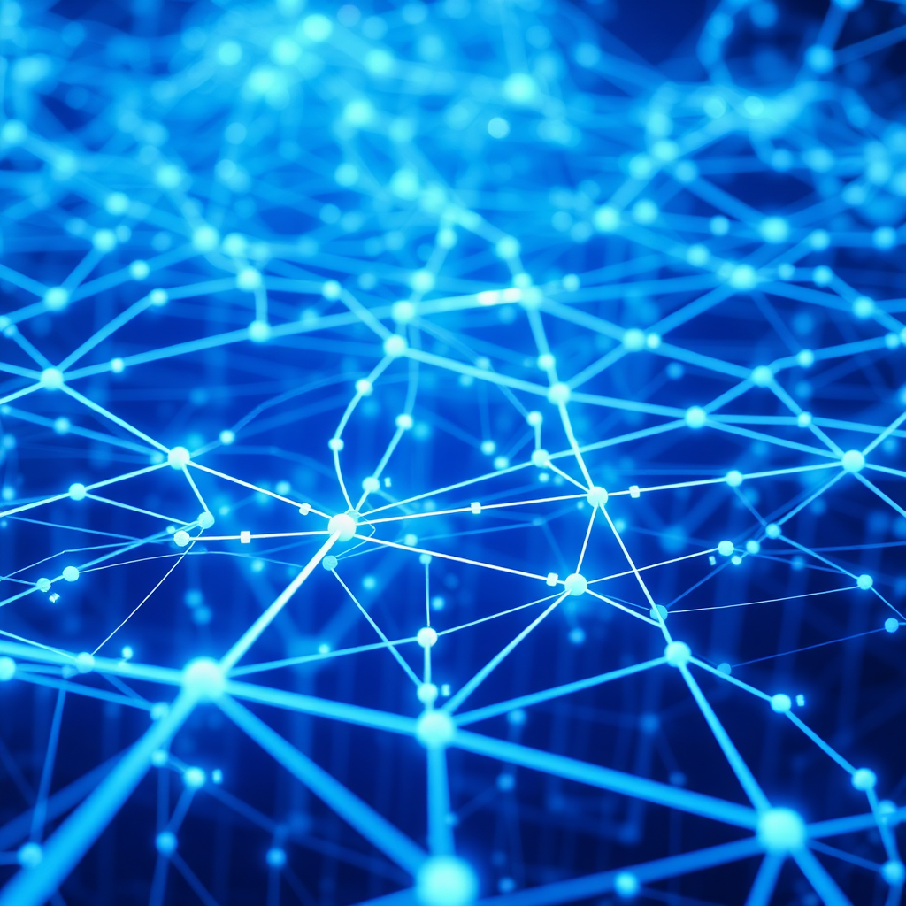 A photorealistic representation of a smart grid network with data flowing seamlessly. Blue hues dominate.