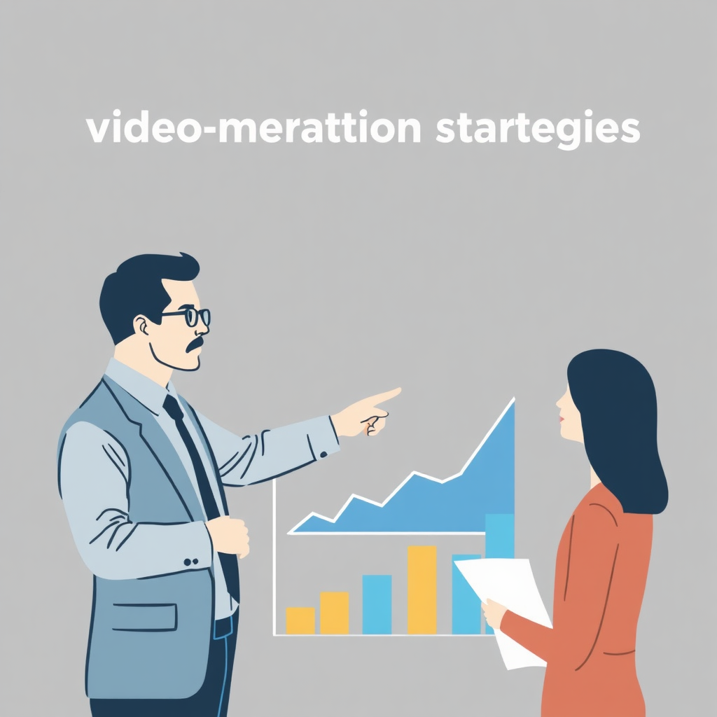 A professional consultant advising a client on video monetization strategies. The scene shows the consultant pointing to a graph that illustrates revenue growth. The color palette is sophisticated and trustworthy, using grays and blues. The style is business-oriented and informative.