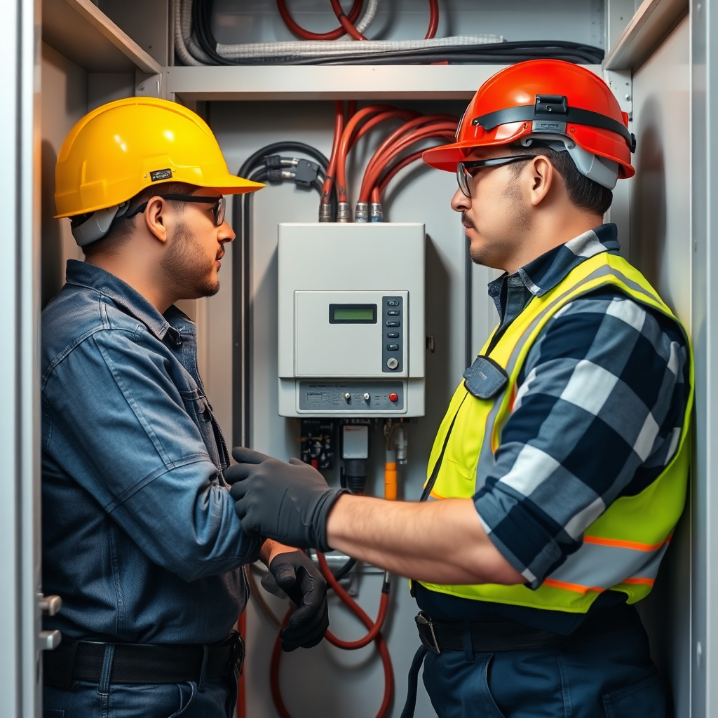 A skilled electrician installing a voltage stabilizer in an electrical panel. The electrician is wearing safety gear and using professional tools. The environment is clean and well-lit. The image should convey expertise and safety.