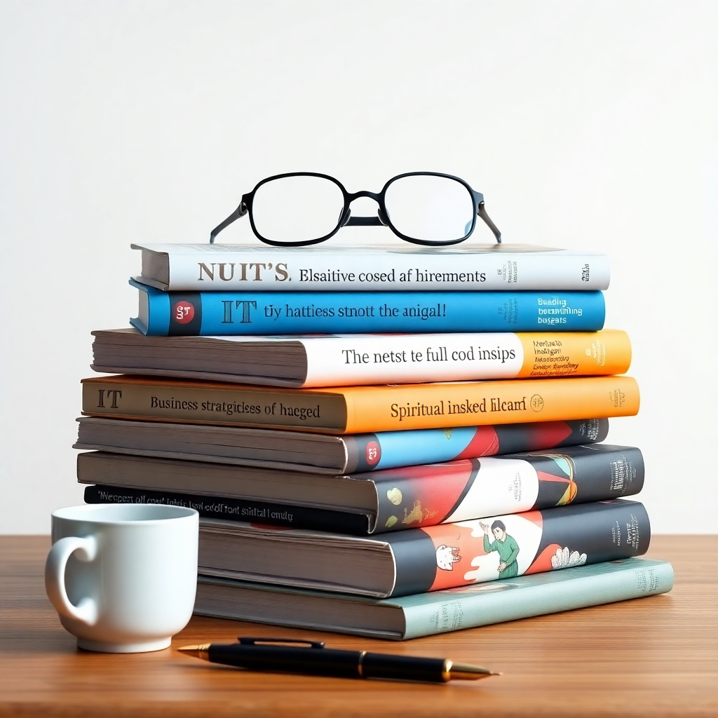 A stylized 8K image depicting a stack of neatly arranged articles and publications. Each article's cover subtly represents a different topic – IT advancements, business strategies, and spiritual insights. The color palette is sophisticated and professional, using a combination of muted tones and vibrant accents. The lighting is soft and diffused, highlighting the text and illustrations on the covers. The composition should convey a sense of authority, knowledge, and reliability. Style: Clean, minimalist, and slightly abstract. The emphasis should be on the quality and depth of the written content. Relevant props: Reading glasses, fountain pen, coffee cup.