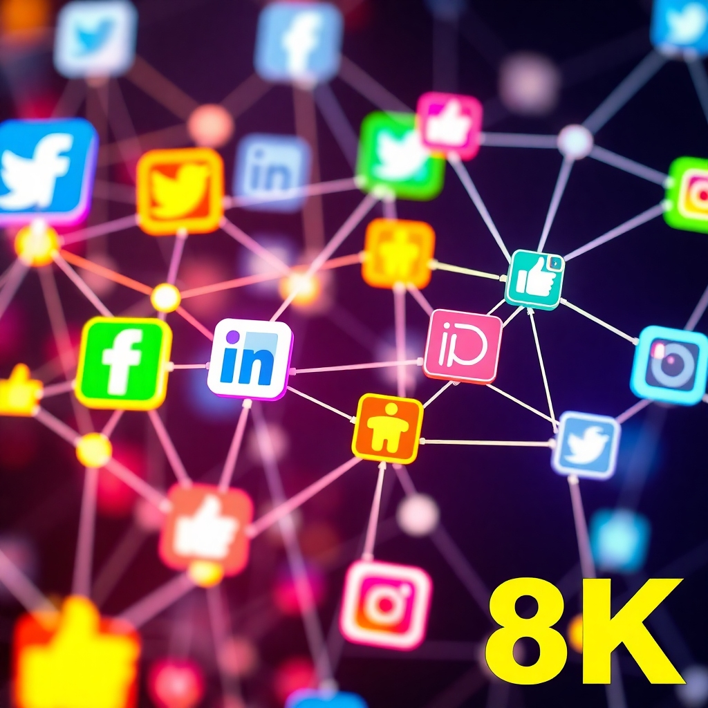 A stylized 8K image depicting a network of interconnected social media icons, each glowing with its distinctive brand color. The network is represented as a dynamic web of connections, symbolizing the power of social media to connect people and ideas. The overall composition should convey a sense of community, engagement, and accessibility. Style: Modern, vibrant, and slightly abstract. The emphasis should be on the diversity and reach of social media platforms. Relevant props: Social media icons (Facebook, LinkedIn, Instagram, etc.), like/share buttons.