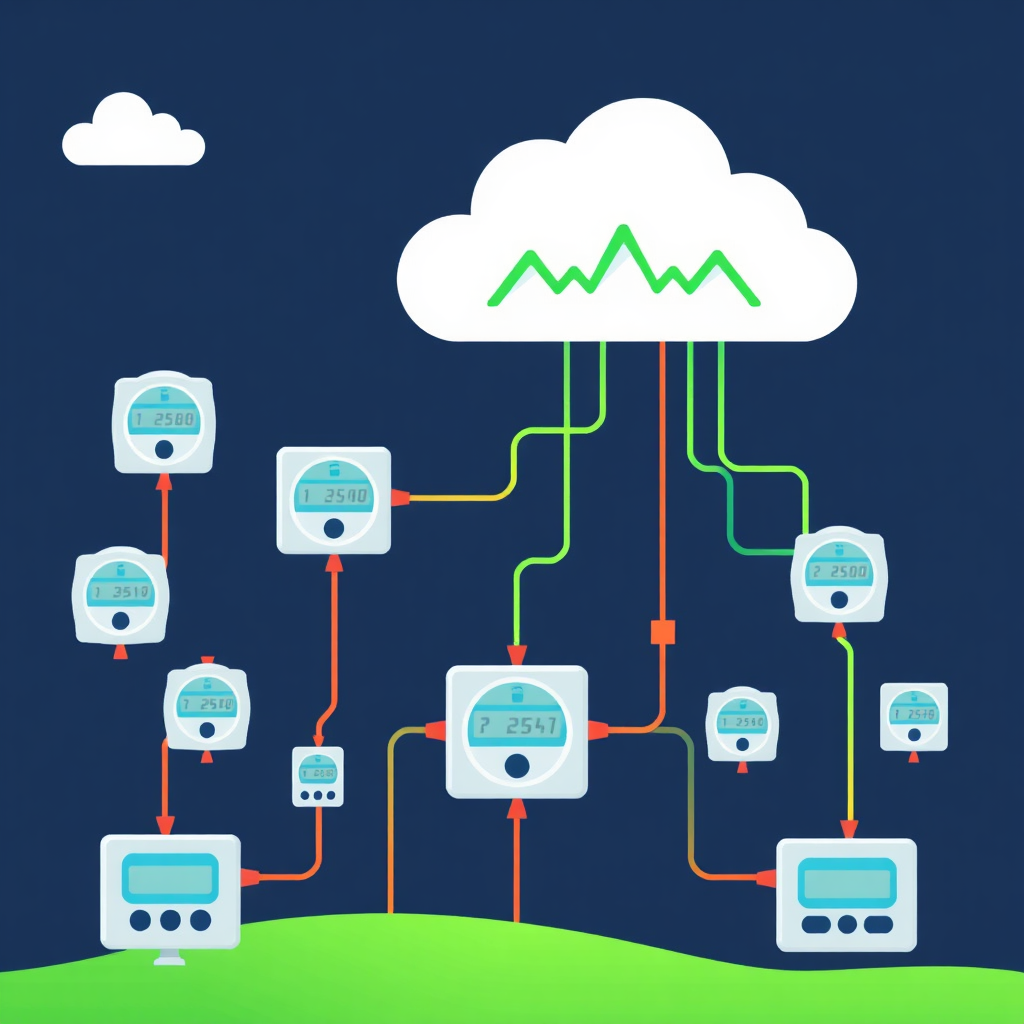A stylized image depicting a network of interconnected energy meters communicating data to a central dashboard in the cloud. Use a modern and clean design with vibrant colors.