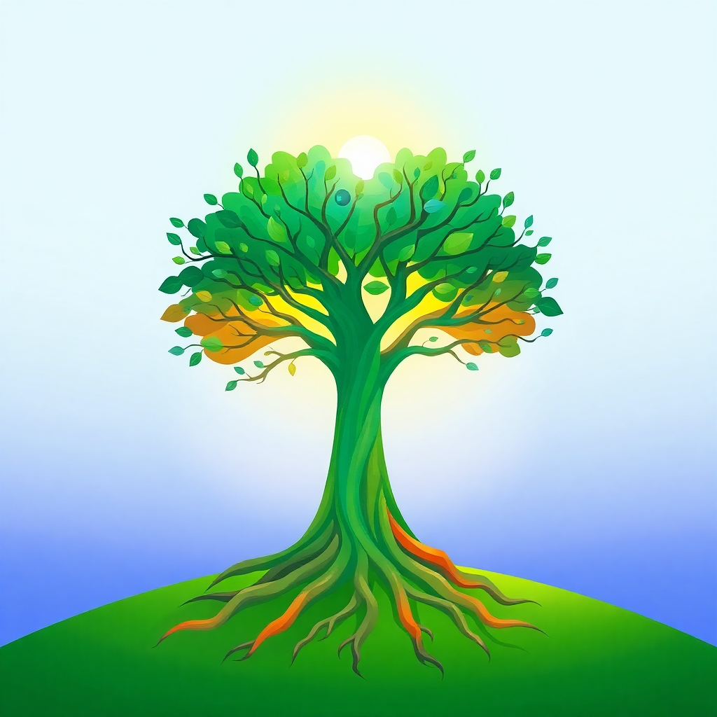 A stylized image depicting a tree with roots representing engineering and branches representing strategy, all nourished by a source of light representing spirituality. The image should be vibrant and colorful, with a touch of abstraction. Use a digital painting style with smooth gradients and sharp details. The background should be a soft, gradient of blue and green. The overall message should be one of interconnectedness and growth. Resolution: 8K. The style should resemble a modern interpretation of an ancient symbol of wisdom and growth. Style: Digital painting, vibrant, symbolic.