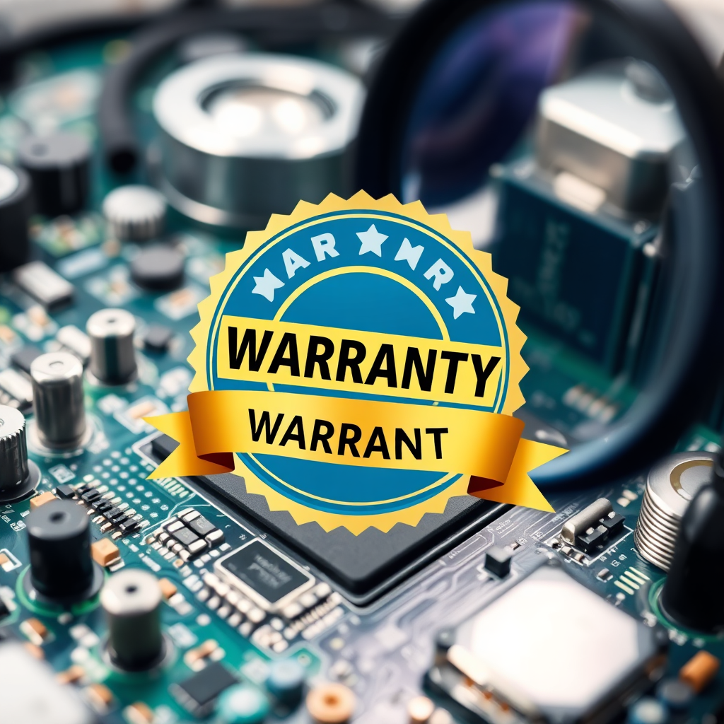 A stylized image of a warranty seal superimposed on a circuit board. The warranty seal is prominently displayed and visually appealing. The circuit board represents the underlying technology. The lighting is bright and clear. The color palette is trustworthy, with blues, greens, and golds dominating. The camera angle is medium, focusing on the warranty seal. Style: Modern, professional, and reassuring. Props include magnifying glass, precision tools. The environment is clean and well-lit. Focus on conveying a sense of security and reliability.