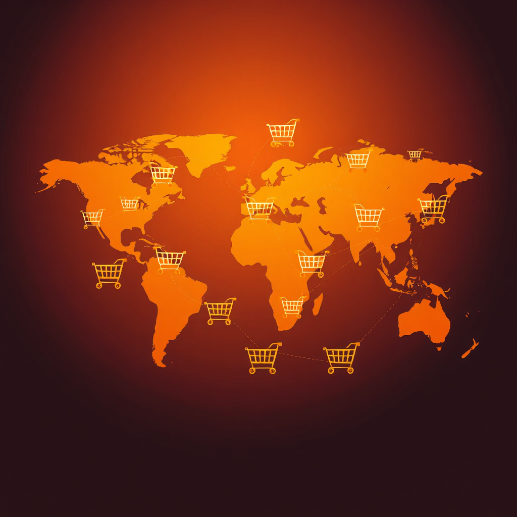 A stylized image of a world map covered in interconnected shopping carts, representing global e-commerce reach. A warm, inviting color palette with gradients of orange and yellow. The image should convey a sense of global market access and business growth. Vector-based illustration in high resolution.