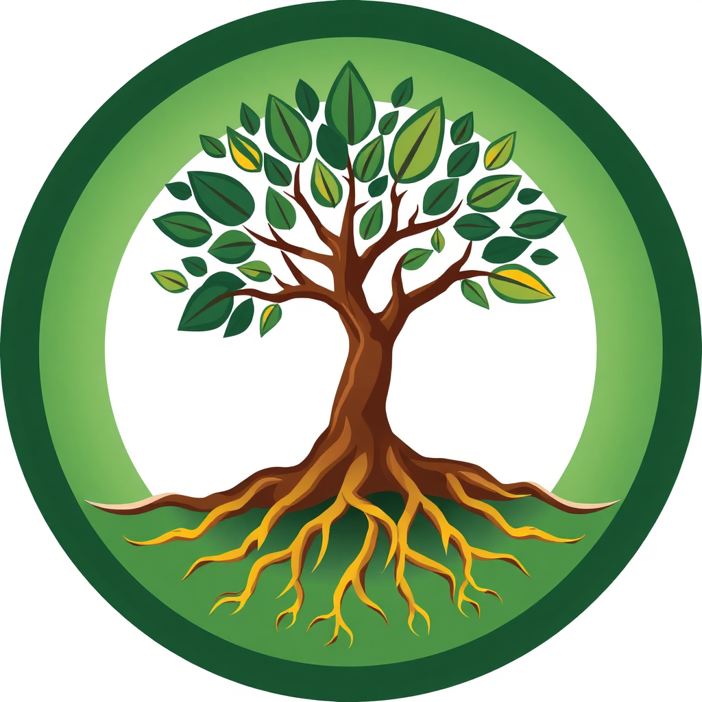  A stylized image showing a tree growing with intertwined roots, symbolizing mutual growth and development. The color palette is predominantly green and brown, with accents of gold and blue.