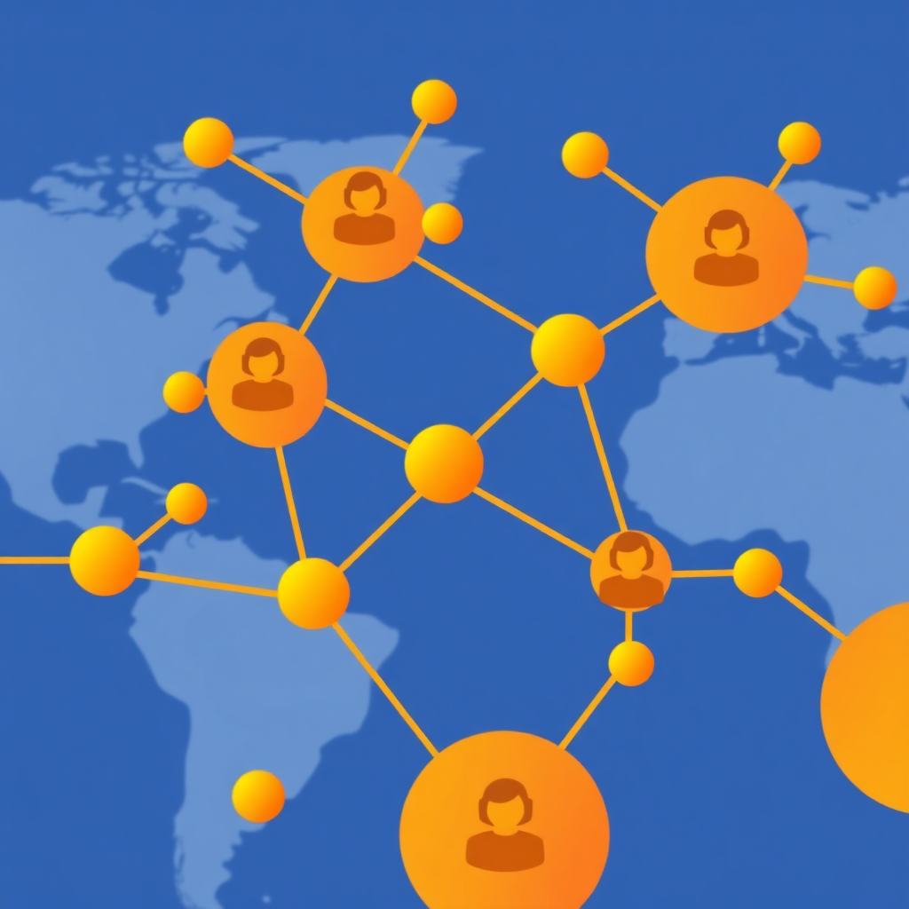 A stylized representation of interconnected nodes forming a network, overlaid on a blueprint. Each node symbolizes a team member collaborating remotely. A warm, inviting color palette with gradients of orange and yellow. Focus on clean lines and a sense of seamless connection. The background subtly suggests a global map. High-resolution, vector-based illustration.