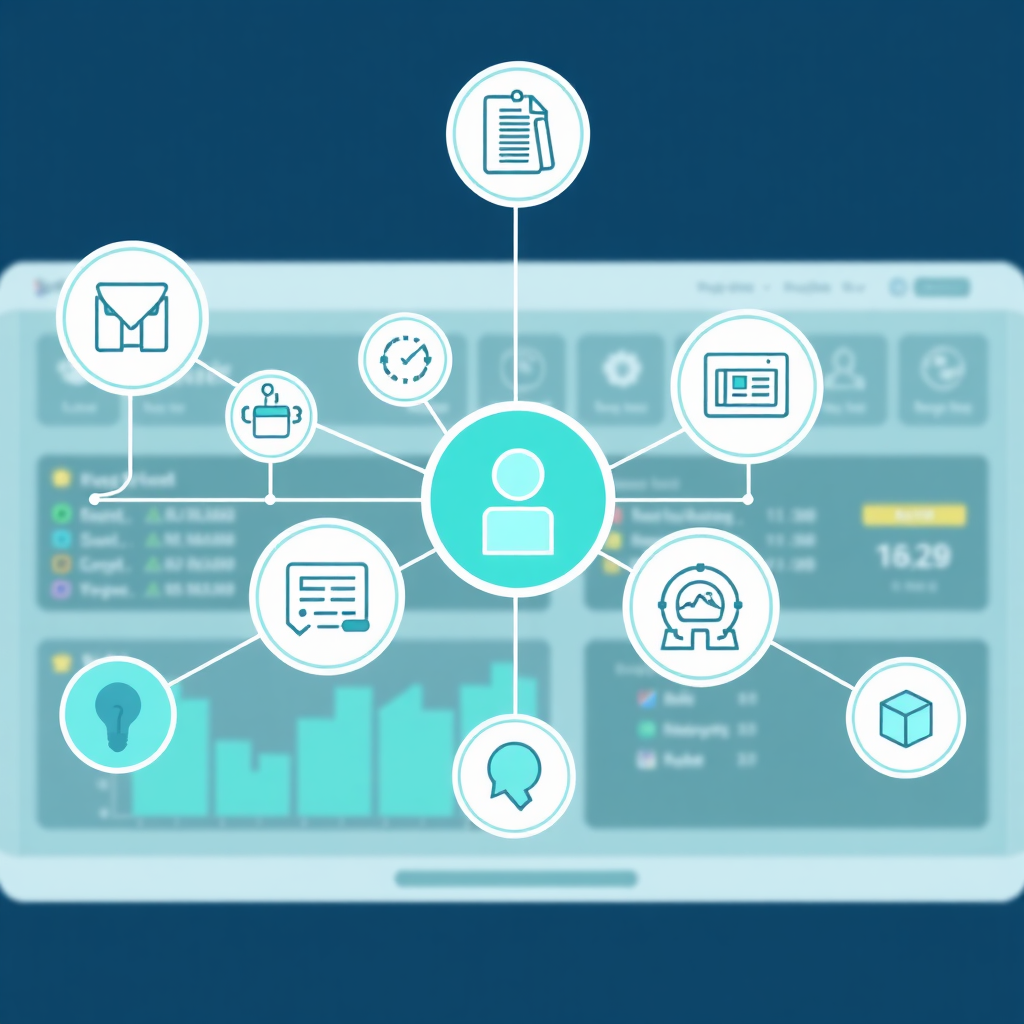 A stylized representation of interconnected icons representing various business functions (e.g., CRM, ERP, marketing automation) seamlessly integrated into a unified dashboard. A clean, modern design with a cool color palette of blues and greens. The image should convey a sense of seamless integration and efficiency. Vector-based illustration in high resolution.