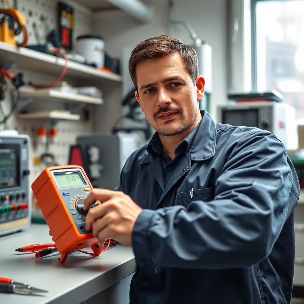 A technician in a clean workshop setting, using a multimeter to test a voltage stabilizer. The technician looks competent and focused. The background is organized with tools and electronic equipment. The lighting is bright and clear. The color palette is professional, with blues, grays, and whites dominating. The camera angle is medium, focusing on the technician and the stabilizer. Style: Professional, technical, and trustworthy. Props include multimeters, oscilloscopes, and other electronic testing equipment. The environment is a clean and well-organized workshop. Focus on conveying expertise and precision.