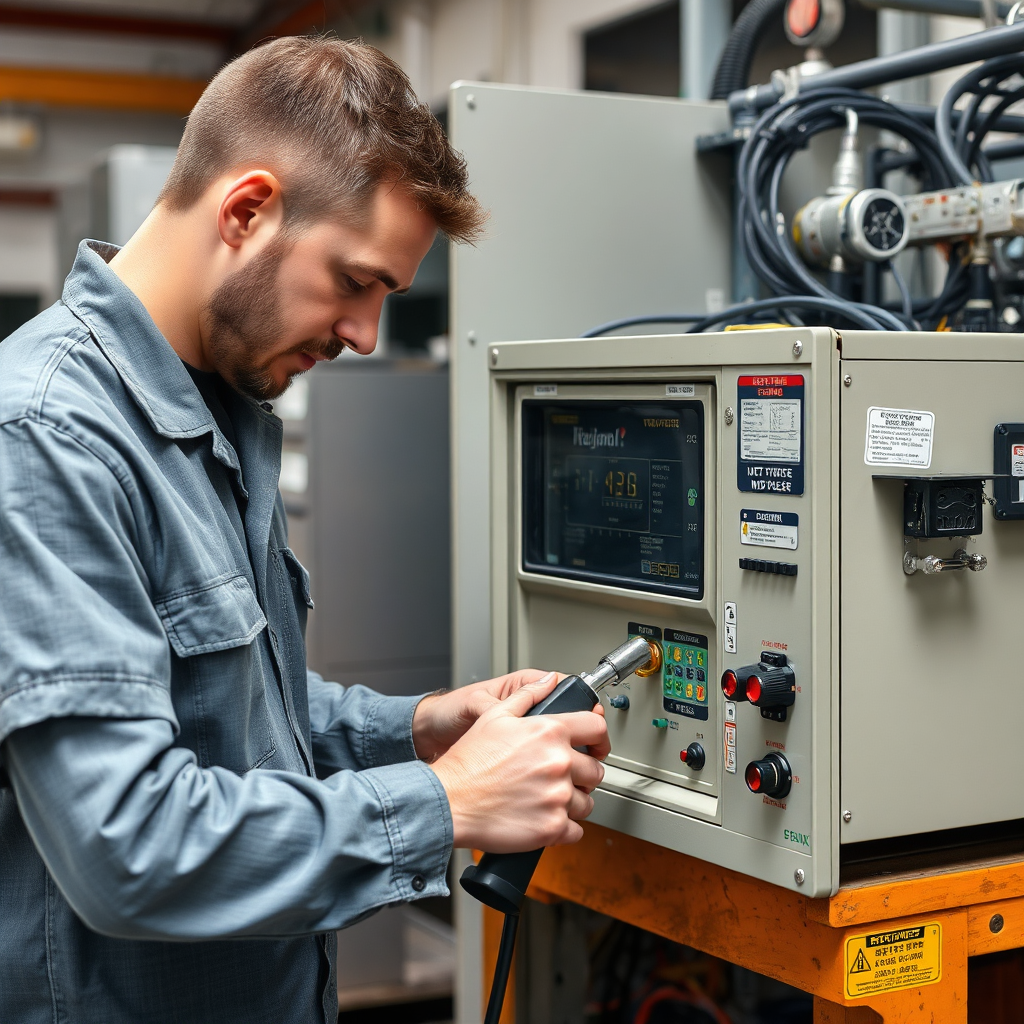 A technician performing maintenance on a voltage stabilizer. The technician is using specialized tools to inspect and repair the device. The environment is a well-equipped workshop. The image should convey reliability and expertise.