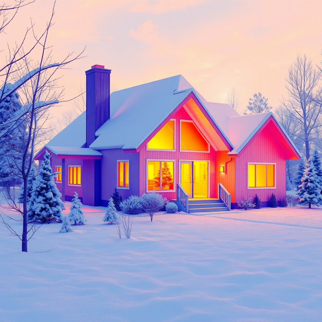 A thermal imaging style visualization of a SIP panel home in winter. The house should appear warm with minimal heat loss. The surrounding environment should be cold and snowy. Use a gradient color palette to represent heat distribution, with warm colors indicating minimal heat leakage and cold colors showing the external environment. The image should clearly demonstrate the superior insulation of SIP panels. Photorealistic rendering with a focus on accurate representation of thermal properties.