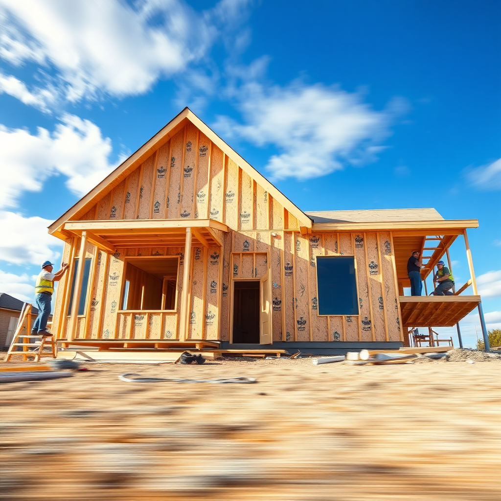 A time-lapse style image showing the rapid construction of a SIP panel home. The background should show a clear blue sky with fast-moving clouds to emphasize the speed. The SIP panels being installed should be visibly sturdy and well-constructed. The image should convey a sense of efficiency and reliability. Use a photorealistic style with a slightly wide-angle lens to capture the entire construction process. Add subtle motion blur to the clouds and workers to enhance the time-lapse effect. The color palette should be bright and optimistic, with natural tones dominating.