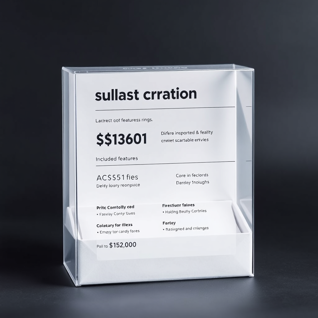 A transparent subscription box with clear pricing and included features, symbolizing transparency and value. Use a minimalist and modern visual style.