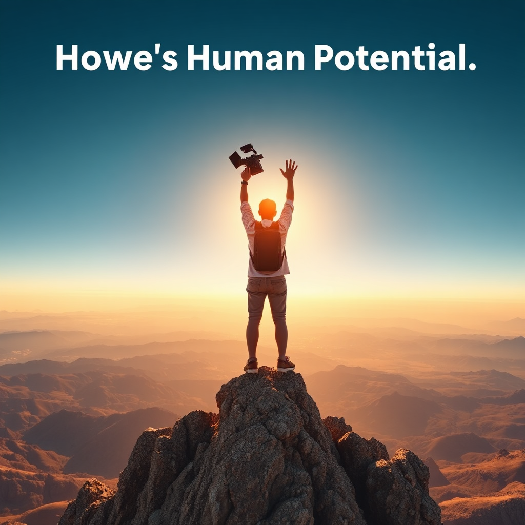 A triumphant figure standing on top of a mountain peak, holding a video camera aloft. The background is a vast and inspiring landscape, stretching as far as the eye can see. The lighting is dramatic and uplifting, conveying a sense of achievement. The color palette is warm and golden, celebrating the power of human potential. The style is motivational and aspirational.