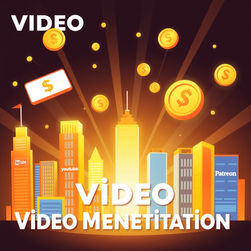  A vibrant and dynamic image representing video monetization. The scene shows a stylized cityscape with glowing skyscrapers, each representing a different online platform (YouTube, Vimeo, Patreon, etc.). Light rays emanate from a central point, representing video content being distributed across these platforms. Floating above the cityscape are stylized coins and dollar signs, symbolizing revenue generation. The color palette is warm and inviting, using oranges, yellows, and golds. The style is inspired by infographic design.