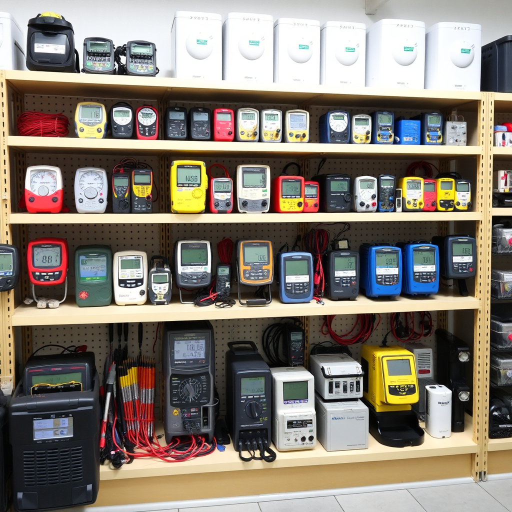 A well-organized shelf filled with various energy meters and related equipment, symbolizing product variety and compatibility. Use a clean and professional visual style.