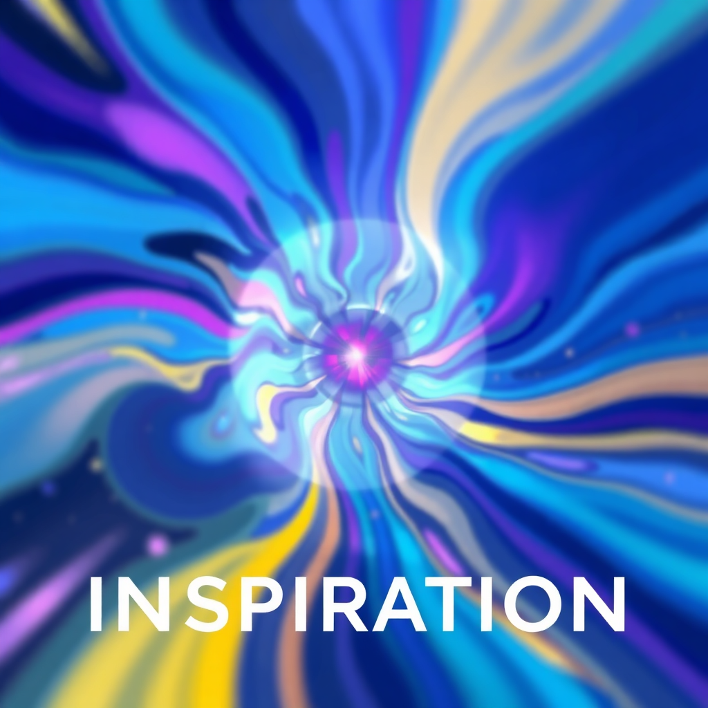 An abstract image representing the concept of inspiration. The scene shows a swirling vortex of colors and shapes, representing the flow of ideas. In the center of the vortex, a single point of light shines brightly, representing the spark of creativity. The color palette is vibrant and energetic, using a blend of blues, purples, pinks, and yellows. The style is modern and abstract, inspired by digital art.