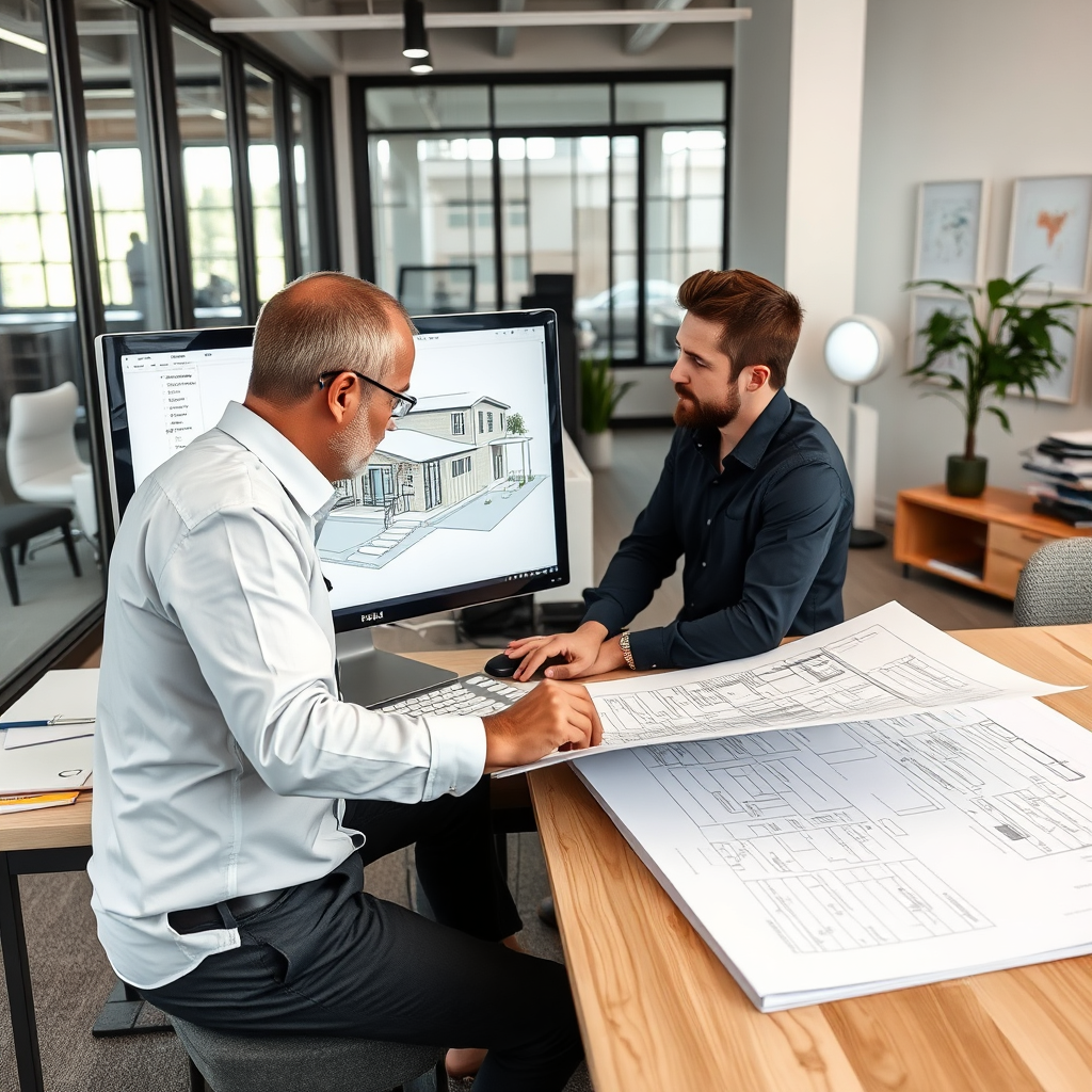 An architect working on a detailed SIP panel home design, using a computer and traditional blueprints. The office environment is modern and collaborative.