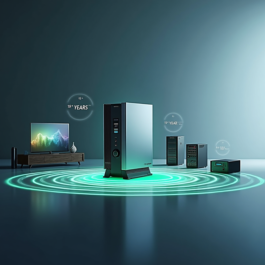 A photorealistic image of a voltage stabilizer that is slightly weathered but still functional. It is sitting in a clean and dry environment with the focus on highlighting the robust build quality. The lighting is natural and subtle. The color palette is muted, with emphasis on the materials and build quality. The camera angle is close-up, highlighting the details of the device. Style: Realistic, durable, and reliable. The environment is clean. Focus on conveying longevity and dependability.