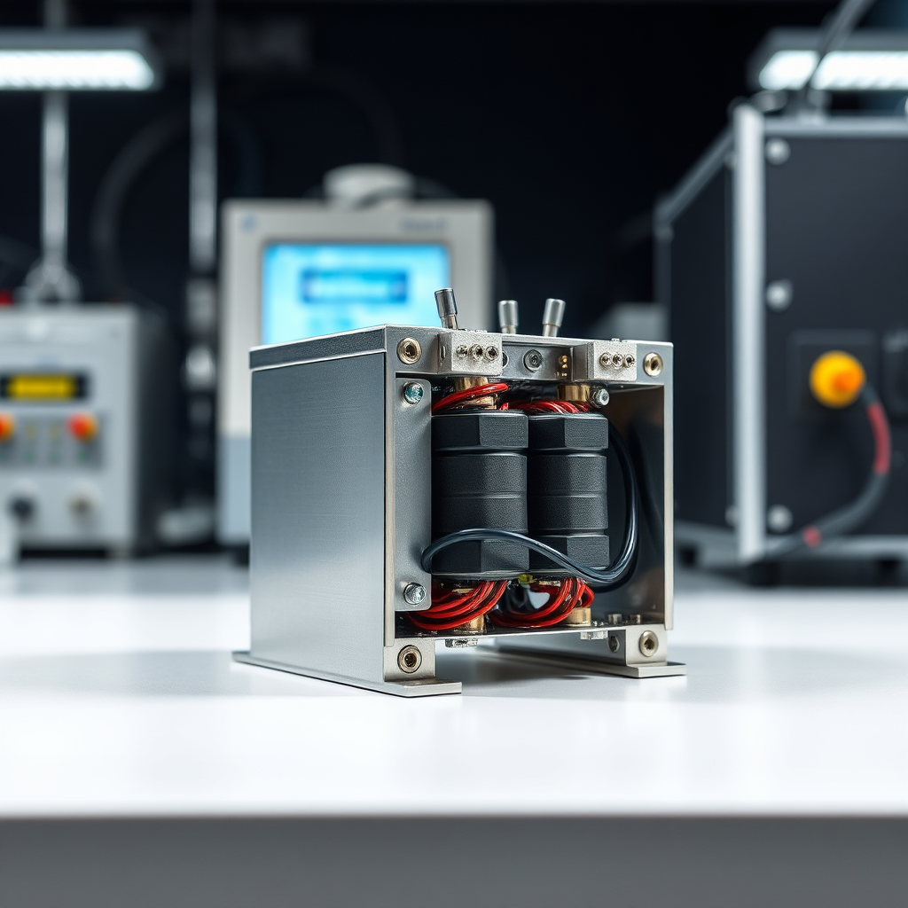Capture a close-up, photorealistic image of an electronic transformer, showcasing its compact design and intricate internal components. Emphasize the precision engineering and high-quality materials used in its construction. The lighting should be focused, highlighting the transformer's metallic finish and complex wiring. Place the transformer in a clean, modern laboratory environment with sophisticated testing equipment in the background. Consider using a macro lens to capture the minute details. The color palette should be silver, gray, and muted blue.