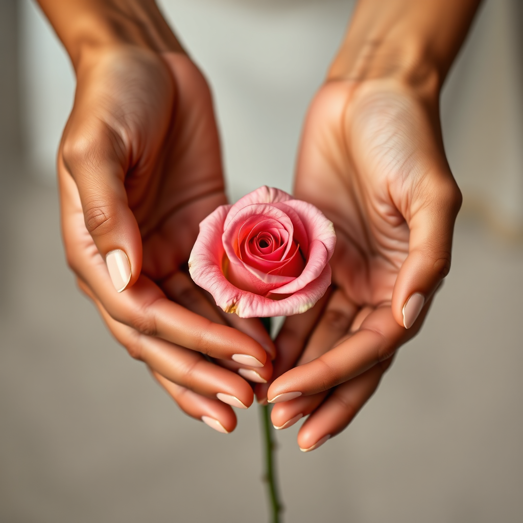 Create a 4K resolution, high-quality image representing the core values of "Укажите ваш бренд". The image should depict a close-up of diverse hands (representing different skin tones) gently holding a single, blooming rose. The hands should appear relaxed and confident, conveying care and precision. The rose symbolizes beauty and the transformative power of the salon's services. Lighting should be soft and focused, highlighting the textures of the skin and the delicate petals of the rose. The background should be blurred and neutral, drawing attention to the main subject. The color palette should be muted and elegant, using pastel shades and earthy tones. Style: photorealistic with a touch of artistic flair. Emphasize details like the veins in the hands, the dew on the rose petals, and the overall sense of tranquility and well-being. Environment: A serene and minimalist studio setting, focusing solely on the hands and rose.