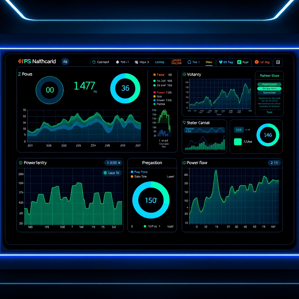 Create a futuristic network monitoring dashboard displaying real-time information about a power grid. Show the various parameters, such as voltage, current, frequency, and power flow, visualized through interactive charts and graphs. The dashboard should be clean and intuitive, allowing operators to easily identify and address any issues. The color palette should be dominated by blues and greens to convey stability and efficiency.