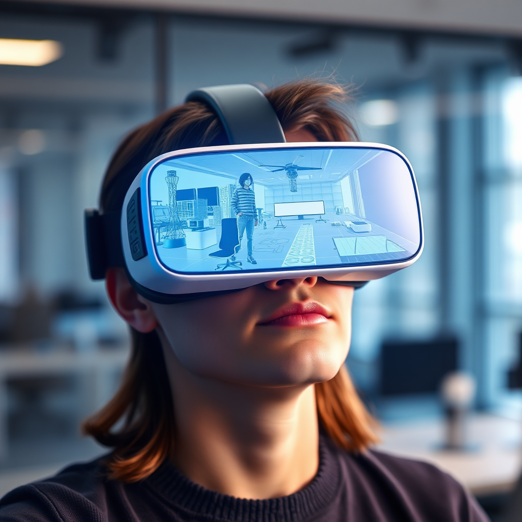 Create a photorealistic image depicting a person wearing a VR headset, immersed in a virtual engineering design environment. The background shows a blurred image of a modern office space. Soft, ambient lighting. Color palette dominated by cool blues and greens, symbolizing technology and innovation. The image should convey a sense of focused concentration and engagement with the virtual learning experience. Ultra-high resolution, 8K quality.