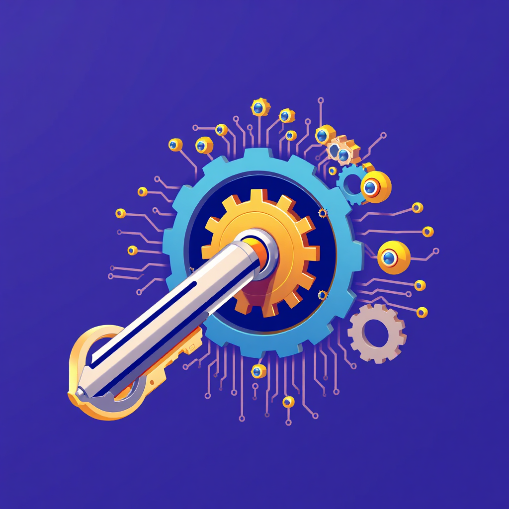 Create a stylized image of a key unlocking a complex mechanism composed of gears and circuits. The background is a gradient of blue and purple, suggesting innovation and technology. Sharp focus on the key and the mechanism, conveying a sense of precision and unlocking potential. Vector-based illustration in high resolution.