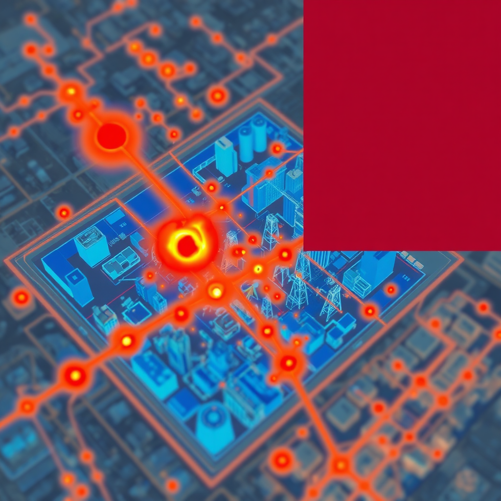 Create a stylized image representing energy loss detection in power grids. Use a thermal imaging style to highlight hotspots where energy is being wasted. Overlay the thermal image on a schematic of a power grid. The color palette should range from deep blues (representing low energy) to bright reds (representing high energy loss). Consider a bird's-eye view of a city with an energy grid overlaid. The overall style should be modern and informative, emphasizing the importance of efficiency.