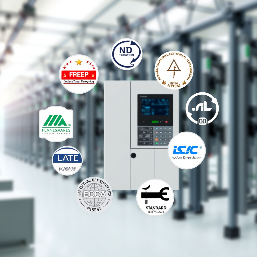Create a stylized image showing various standards and certifications logos floating around an electrical panel. The electrical panel should be clean and modern, representing the high-quality and compliance of the product. The background should be a blurred abstract representation of a power grid. The color palette should be dominated by neutral tones, with accents of green and blue to represent compliance and reliability.