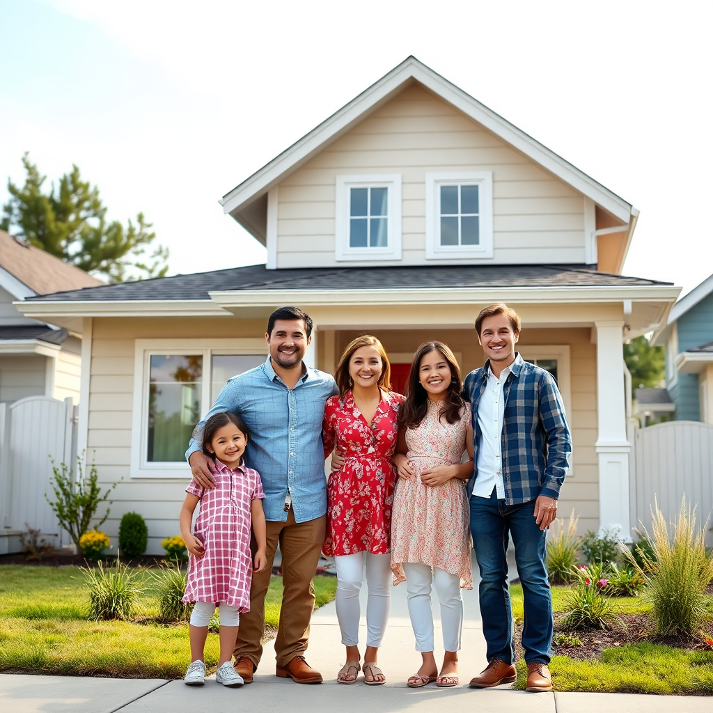 Depict a happy family standing in front of their new SIP panel home. The atmosphere should be joyful and celebratory. The home should look modern and affordable. The background should feature a pleasant neighborhood. The color palette should be bright and optimistic. Photorealistic rendering with emphasis on the family's happiness and the affordability of the home.