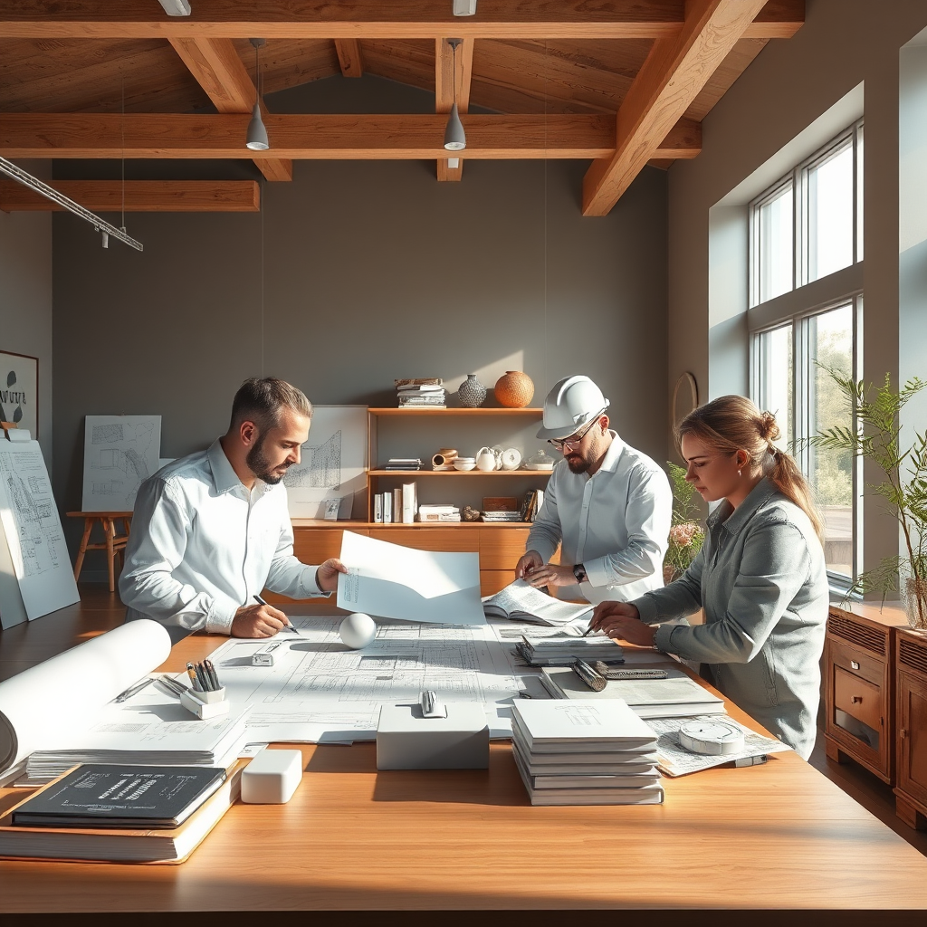 Depict a modern architectural studio where architects are collaborating on a SIP panel home design. The scene should include blueprints, 3D models, and various design tools. The atmosphere should be creative and collaborative. The color palette should be warm and inviting, with natural light streaming in. The architectural style should be modern and minimalist. Photorealistic rendering with a focus on the details of the design process.