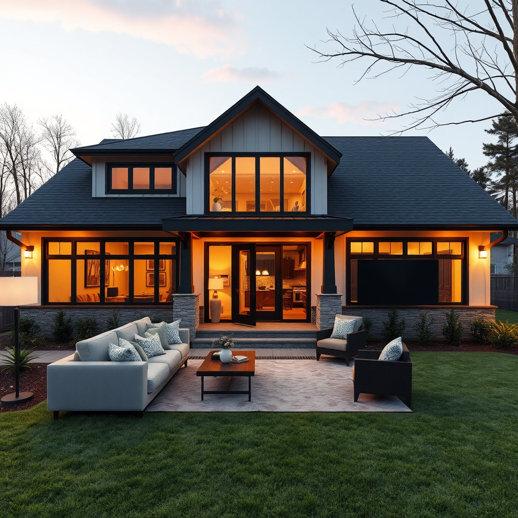 Show a completed, beautifully furnished SIP panel home ready for occupancy. The home should have a modern design and be surrounded by a well-maintained landscape. The lighting should be warm and inviting, creating a sense of comfort and luxury. Photorealistic rendering with emphasis on the architectural details and interior design.