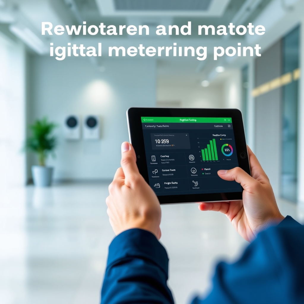 Show a person using a tablet to remotely monitor and manage a digital metering point. The tablet should display real-time energy consumption data and various control options. The background should be a clean and modern office environment to emphasize the remote access functionality. The color palette should be dominated by neutral tones, with accents of blue and green to represent connectivity and efficiency.