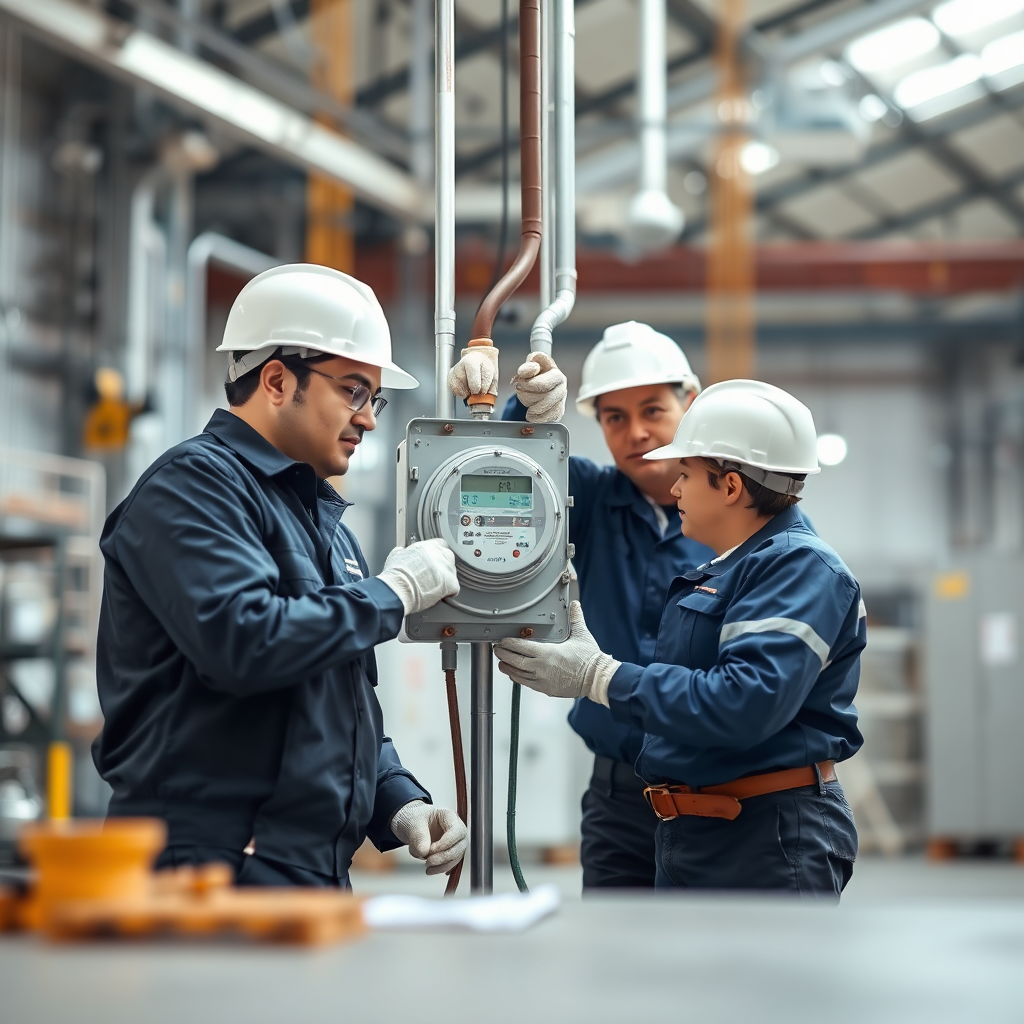 Show a team of technicians installing a smart meter in an industrial facility. Focus on the precision and attention to detail during the installation process. Use shallow depth of field to isolate the technicians and the meter, blurring out the background. The lighting should be bright and focused on the area of installation. The color palette should be dominated by neutral tones.