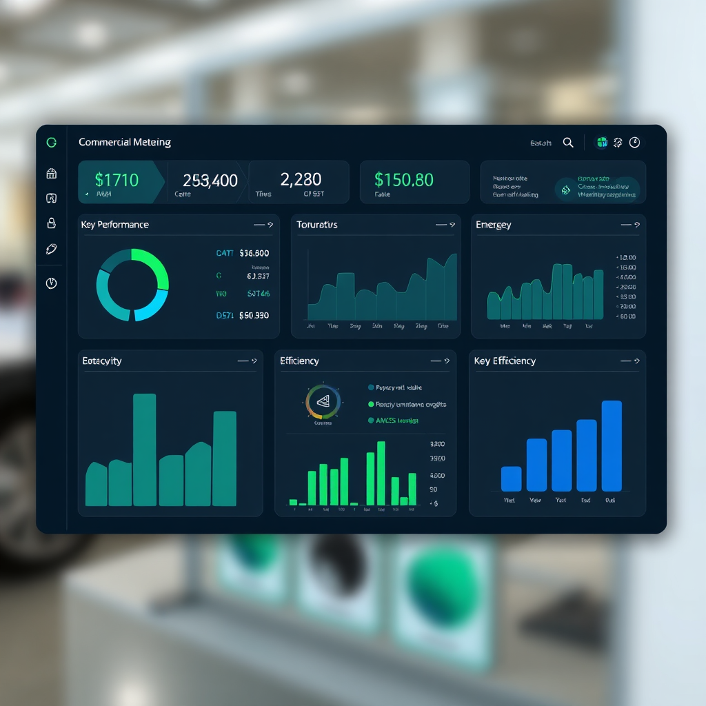 Visualize a digital dashboard displaying real-time data from a commercial metering point. Show interactive graphs, charts, and key performance indicators related to energy consumption, cost, and efficiency. The dashboard should be clean and intuitive, allowing users to easily monitor and manage their energy usage. Use a mix of cool blues and greens to convey efficiency and accuracy. The background should be blurred to focus on the dashboard.