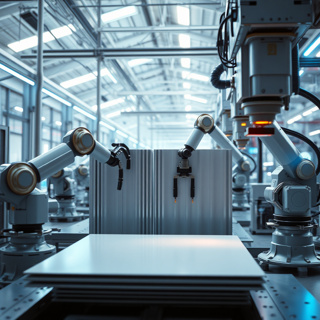 Visualize a futuristic, high-tech SIP panel manufacturing facility. The scene should depict advanced machinery and robotic arms precisely assembling SIP panels. The lighting should be clean and modern, with blue and white tones dominating. Use a photorealistic style with emphasis on the precision and efficiency of the manufacturing process. Add subtle visual effects like light trails to enhance the sense of movement and technology.