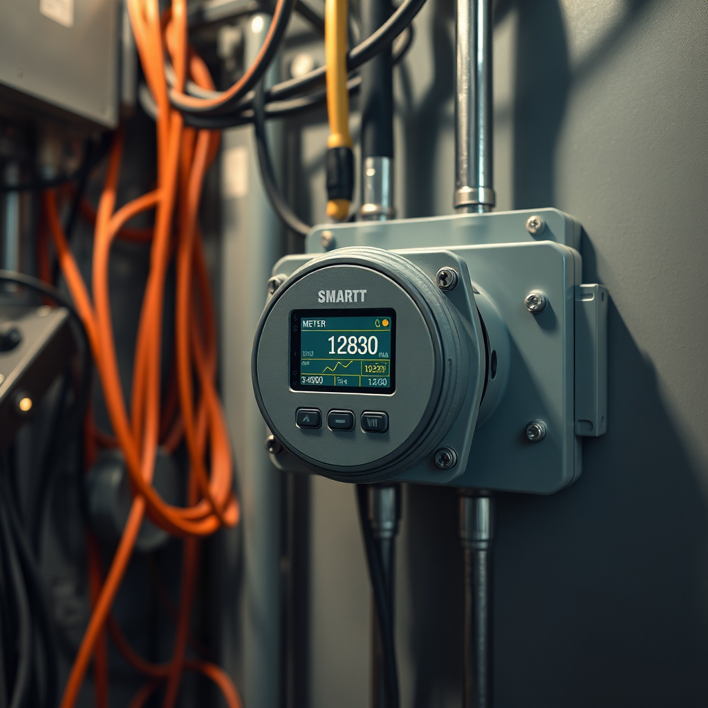 Visualize a photorealistic smart meter installation inside a substation, surrounded by cables and wires. Emphasize the accuracy and reliability of the data being transmitted. The meter should be modern and sleek, displaying energy usage data on a small screen. Use a focus stack technique for maximum sharpness and clarity. The lighting should be soft and even, preventing harsh shadows. The environment must be an industrial electrical substation. The color palette should be neutral with pops of electric blue and orange to highlight energy flow.