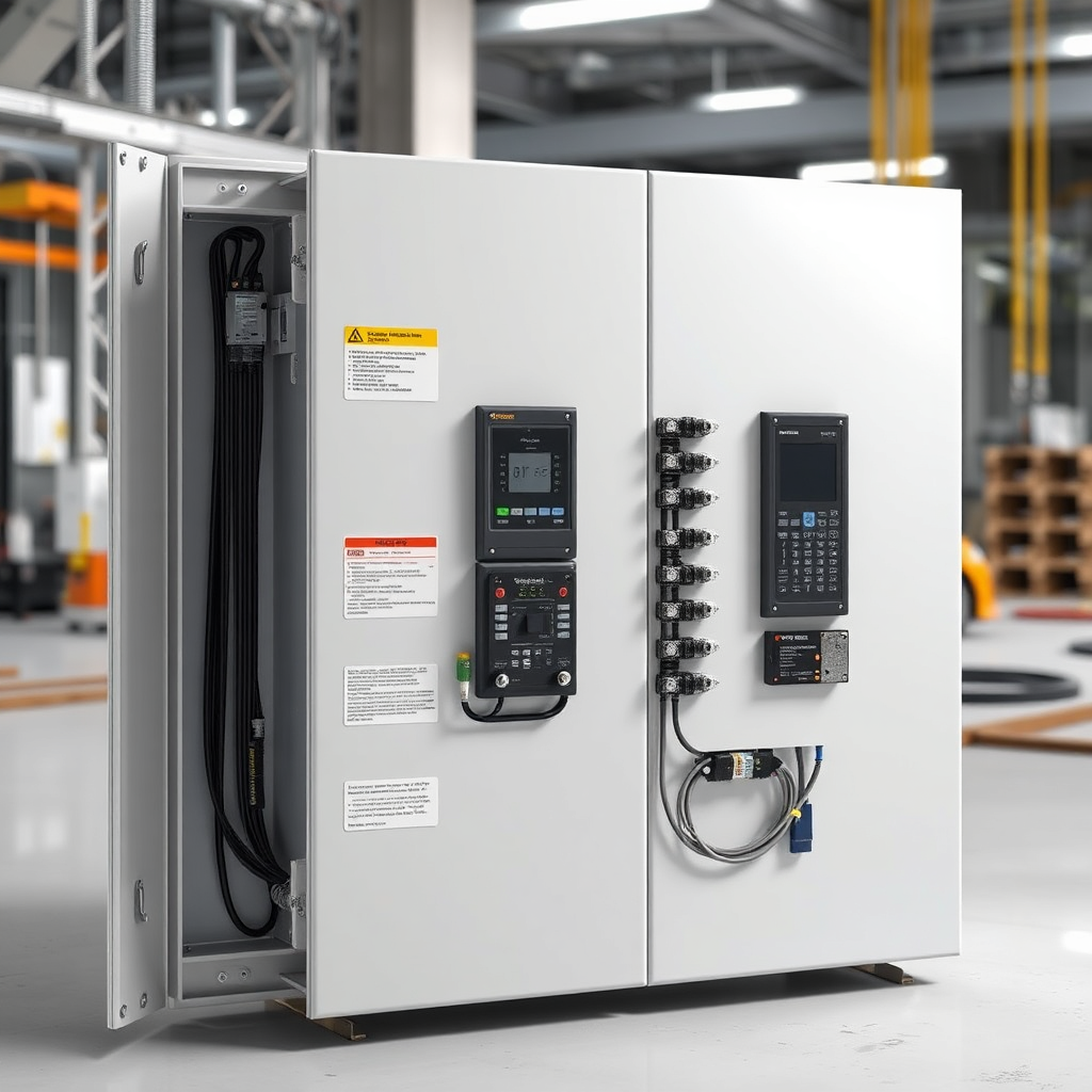 Visualize a pre-fabricated electrical panel designed for commercial energy metering, ready for installation. The panel should be clean, modern, and clearly labeled, showcasing its comprehensive functionality. The background should depict a construction site or industrial facility to emphasize its practical application. The lighting should be bright and even. Focus on the quality of the materials and the precision of the assembly. The color palette should be dominated by neutral grays and whites, with accents of blue to indicate electrical components.